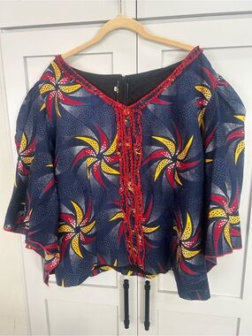 Custom African 2xl Navy Flutter Sleeve Tunic with Red Trim